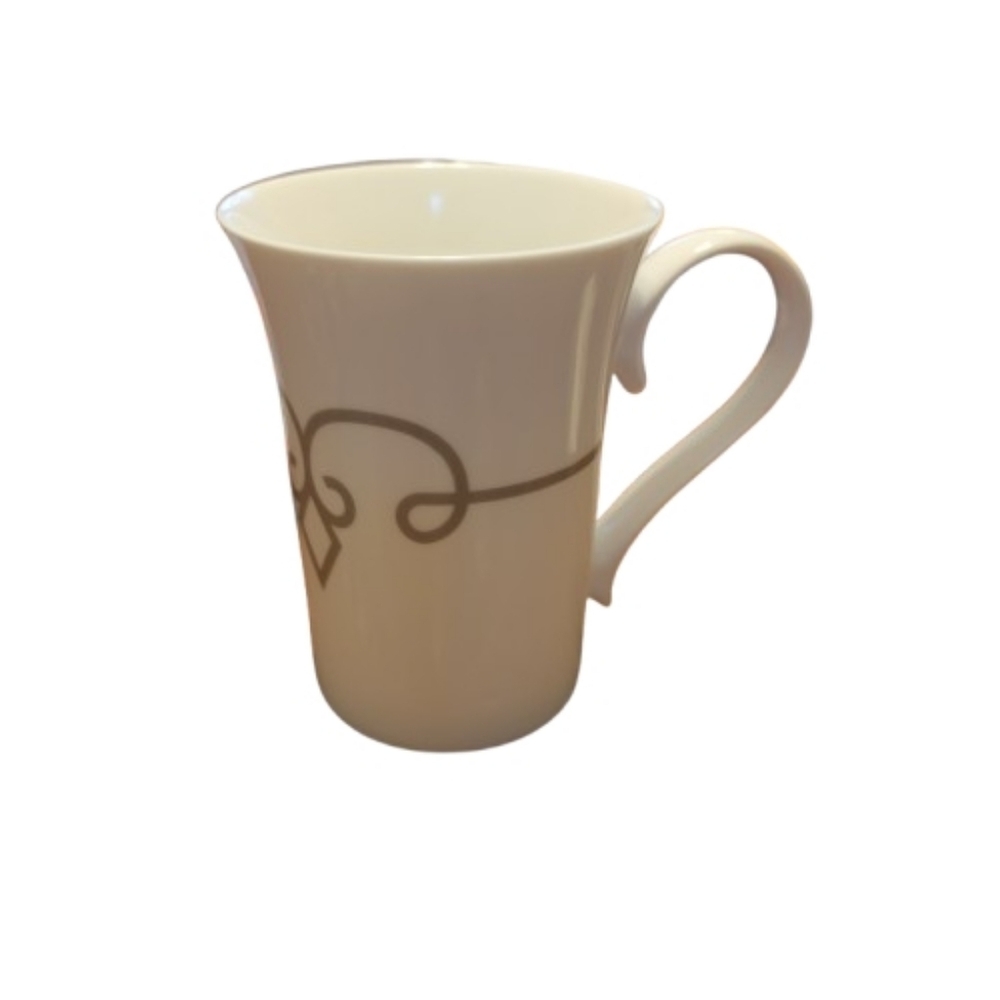 Starbucks Mug White & Tan Scroll Handle 2014 Ceramic Coffee Tazo Tea Cup 11 oz